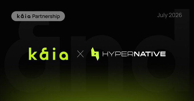 A dark promotional graphic for a "Kaia Partnership" dated July 2026, featuring the Kaia and Hypernative logos alongside an "x" to signify their collaboration, visually representing the post's announcement of real-time threat detection and automated risk monitoring on the Kaia blockchain through Hypernative's on-chain security platform.