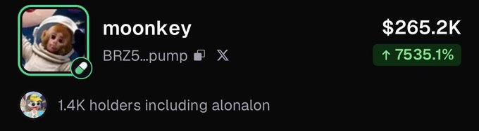 A token listing for 'moonkey' on the BRZ5...pump platform showing a market cap of $265.2K and an increase of 7535.1%, with 1.4K holders including alonalon.