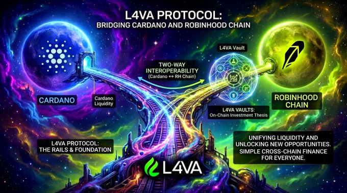 Graphic titled 'L4VA PROTOCOL: BRIDGING CARDANO AND ROBINHOOD CHAIN' showing a two-way interoperability between the two blockchain networks via L4VA Vaults.