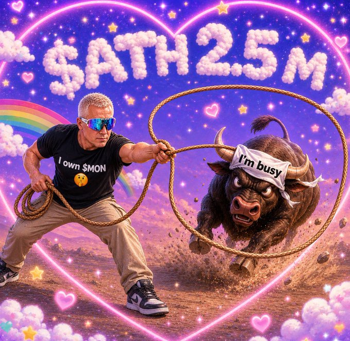 A vibrant, surreal digital artwork showing a man in sunglasses and a black 'I own $MON' t-shirt lassoing a charging bull wearing a 'I'm busy' headband, with 'SATH25M' spelled out in clouds against a neon heart background featuring rainbows and stars.