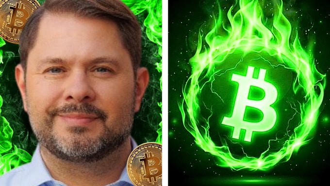 A split image showing Roger Ver, known as 'Bitcoin Jesus,' on the left and a Bitcoin logo engulfed in green flames on the right.