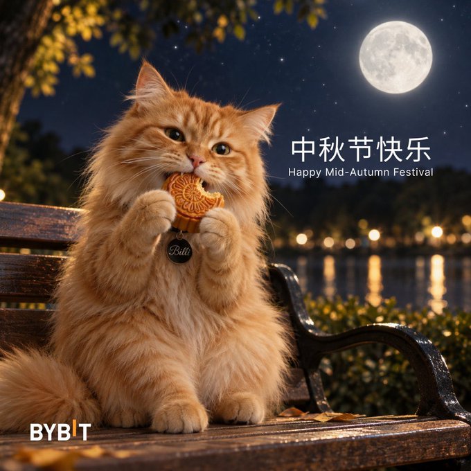 An orange cat sitting on a park bench at night, holding a mooncake, with a full moon and lake in the background; text reads "中秋节快乐 / Happy Mid-Autumn Festival" with the "BYBIT" logo in the corner.