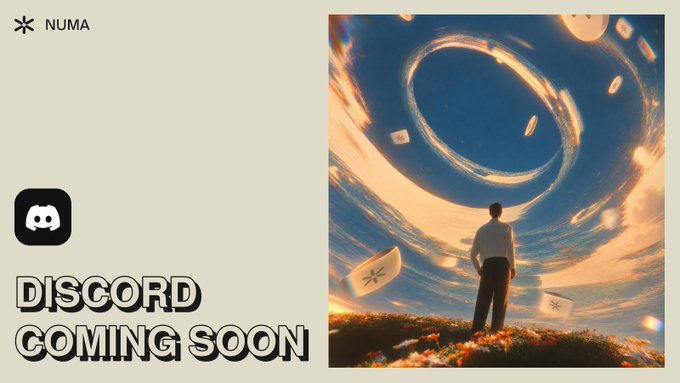 The promotional image announces "DISCORD COMING SOON" for NUMA, featuring a surreal scene of a suited figure standing in a flower-filled field beneath a swirling sky with a glowing ring and floating cards, visually reinforcing the post's message about a community hub launching for Numa Partners and Partner Pass holders.