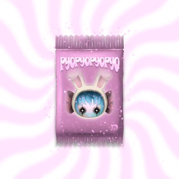 A pink Pop Mart 'POPOPOYO' blind bag packaging featuring a cartoon bunny-eared character with blue hair against a pink zebra-striped background.