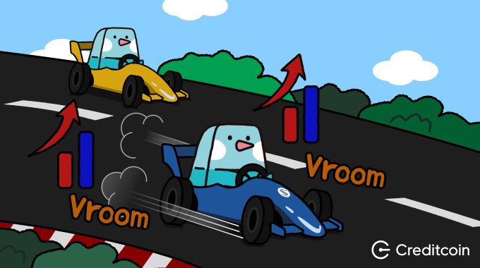 A cartoon illustration of two racing cars (blue and yellow Formula-style cars with cute faces) speeding along a track with 'Vroom' text and a 'Creditcoin' logo in the corner.