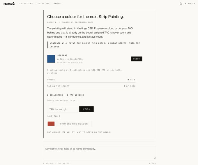 A screenshot of a MintFace web interface for an NFT collection titled 'NUDGE #1,' allowing users to choose a color for a future Hastings CBD painting, with a current leading proposal of #0E5690 receiving 'TAO ON THE LEADER' votes of 500K.