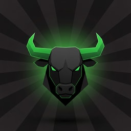A stylized geometric bull logo with glowing green horns set against a dark background with radiating light rays.