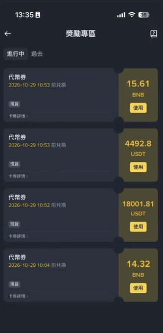 The image shows a mobile screenshot of a Binance "獎勵專區" (Rewards Zone) page displaying four unused vouchers won from the trading competition, including 15.61 BNB, 4492.8 USDT, 18001.81 USDT, and 14.32 BNB, totaling around 43,000 USDT in value—matching the post's celebration of a group member's massive Binance trading competition haul.