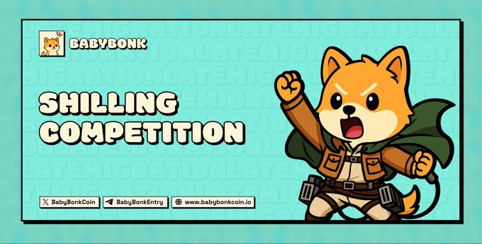 A promotional graphic for 'BABYBONK' features an angry cartoon Shiba Inu character, with text reading 'SHILLING COMPETITION' and links 'BabyBonkCoin', 'BabyBonkEntry', and 'www.babybonkcoin.io'.
