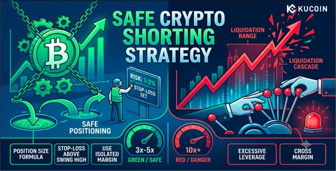 A KuCoin infographic titled "Safe Crypto Shorting Strategy" illustrates Bitcoin shorting risk management with a green "Safe Positioning" gauge showing a 3x-5x risk:1-2% stop-loss set, contrasted against a red "Liquidation Cascade" gauge warning of 10x+ leverage with excessive leverage and cross margin.

The image visually reinforces the blog's message by contrasting disciplined position sizing (3x-5x leverage, 1-2% stop-loss) against reckless trading that triggers liquidation cascades—directly addressing the article's theme that "bad math," not bad analysis, blows up short-seller accounts.