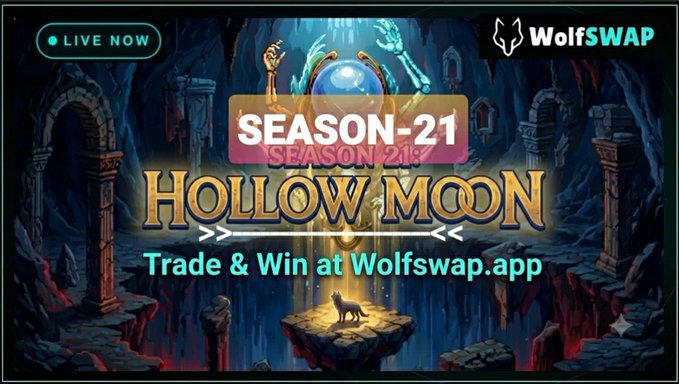 A promotional banner for 'WolfSWAP' advertising 'SEASON-21 HOLLOW MOON' with the text 'Trade & Win at Wolfswap.app'.