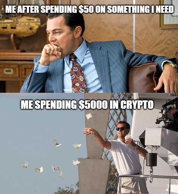 A two-panel meme contrasting spending $50 on necessities (Leonardo DiCaprio looking worried) with spending $5000 in crypto (Jordan Belfort from Wolf of Wall Street casually throwing money).