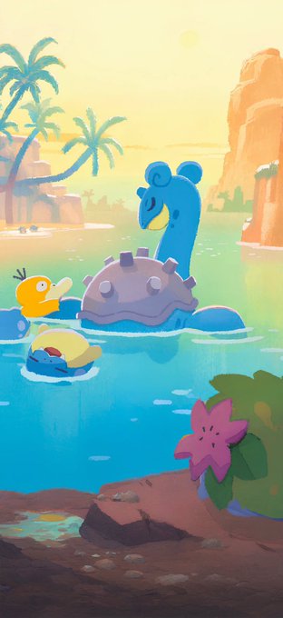 An illustration depicts Psyduck and a small yellow creature swimming in a blue pool, with a pink star-shaped plant on the shore and palm trees in the background.