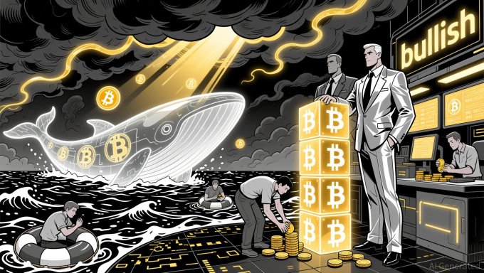 Stylized digital illustration depicting a 'bullish' Bitcoin theme, featuring a whale made of Bitcoin symbols, businessmen stacking gold Bitcoin coins, and people in life preservers in stormy waters.