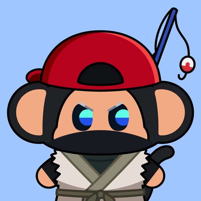 A digital illustration of an anthropomorphic mouse character with large ears, wearing a red baseball cap with a fishing lure attached and a martial arts-style outfit, looking determined.
