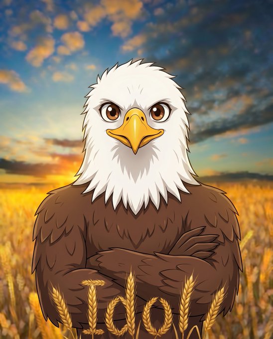 An illustrated bald eagle with a white head and brown body stands in a golden wheat field under a dramatic sunset sky. The eagle's majestic, watchful pose visually reinforces the "rise up" theme of the post, symbolizing strength and vigilance—fitting for promoting $SLEEP and the @sleepagotchi project's message of taking control of one's health and wellness.