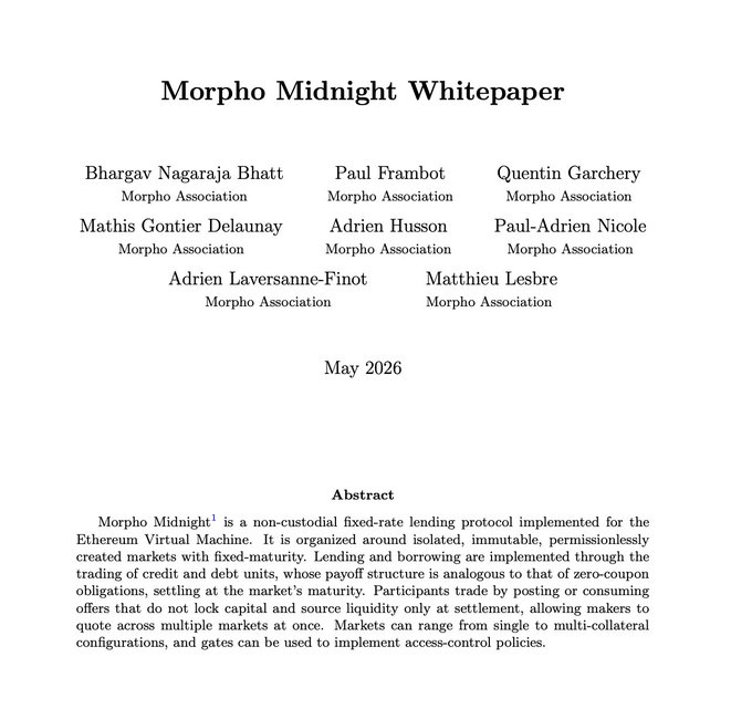 The image shows the title page of the "Morpho Midnight Whitepaper" dated May 2026, listing eight authors from the Morpho Association (Bhargav Nagaraja Bhatt, Paul Frambot, Quentin Garchery, Mathis Gontier Delaunay, Adrien Husson, Paul-Adrien Nicole, Adrien Laversanne-Finot, and Matthieu Lesbre), with an abstract describing Morpho Midnight as a non-custodial fixed-rate lending protocol for the Ethereum Virtual Machine that uses isolated, immutable, permissionlessly created markets with fixed-maturity—aligning with the post's announcement of Morpho Midnight as a new primitive for fixed-rate, fixed-term loans.
