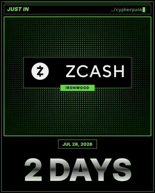 A "Just In" countdown graphic shows "2 DAYS" until the "Zcash Ironwood" upgrade on July 28, 2026, with the Zcash logo and "cypherpunk" command-line styling, visually reinforcing the post's announcement of Ironwood arriving in under 48 hours.