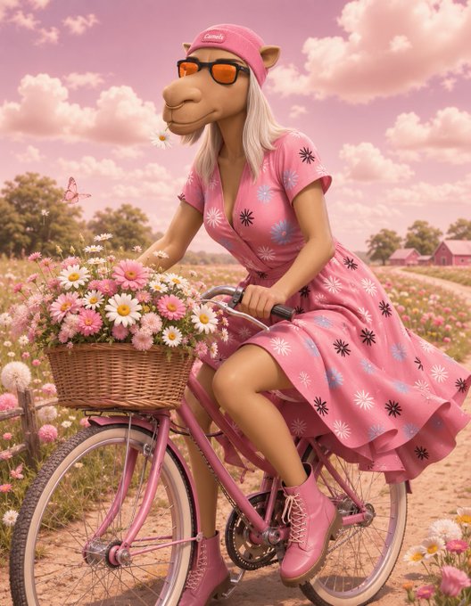 A whimsical 3D-style illustration shows a camel-headed figure in a pink floral dress and sunglasses riding a pink bicycle with a basket of daisies through a field of flowers under a pink sky.