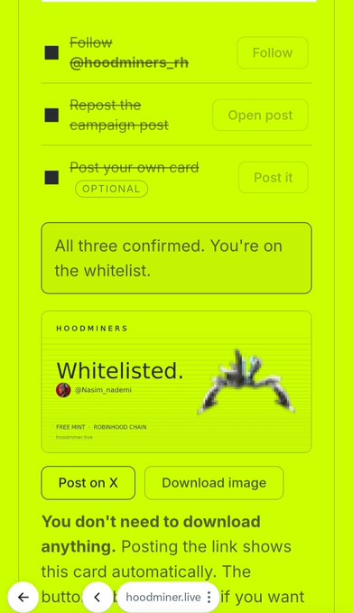A bright yellow Hoodminers whitelist confirmation screen displaying 'Whitelisted. @Nasiru_nademi' with options to 'Post on X' or 'Download image'.