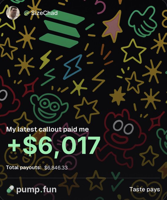 The image is a Pump.fun share card from user "@SizeChad" featuring a colorful doodle background, prominently displaying "+$6,017" earned from their latest callout, with total payouts of $6,846.33. It also shows the tagline "Taste pays" alongside the pump.fun branding, visually celebrating the $6k callout reward mentioned in the post.
