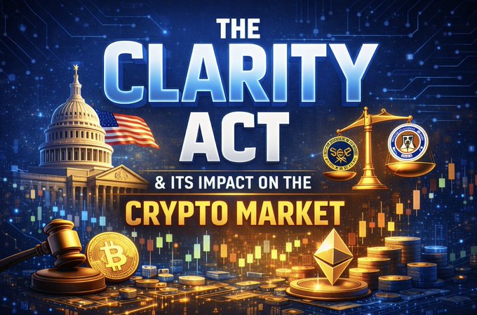 Promotional graphic titled 'THE CLARITY ACT & ITS IMPACT ON THE CRYPTO MARKET' featuring the U.S. Capitol building, American flag, Bitcoin, Ethereum, SEC and CFTC logos, and stock/crypto charts.