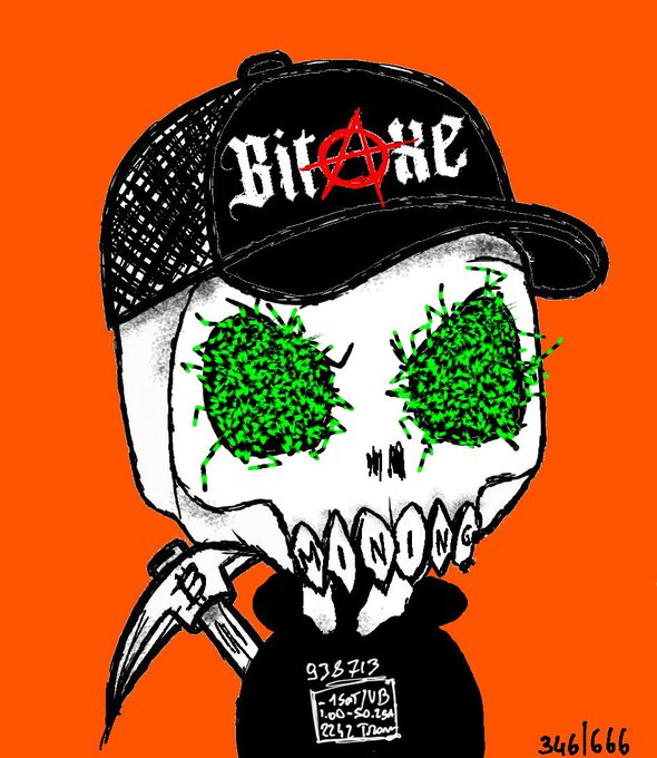 An illustrated punk-style skull wearing a black cap with 'Bit'... 're' and an anarchy symbol, featuring green spiky eye sockets and the word 'WARNING' spelled out in its teeth.