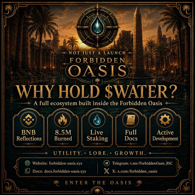 Promotional graphic for 'Forbidden Oasis' cryptocurrency project with the tagline 'NOT JUST A LAUNCH', 'WHY HOLD $WATER?', and 'A full ecosystem built inside the Forbidden Oasis', listing features including BNB Reflections, 8.5M Burned, Live Staking, Full Docs, and Active Development, along with website and social links.