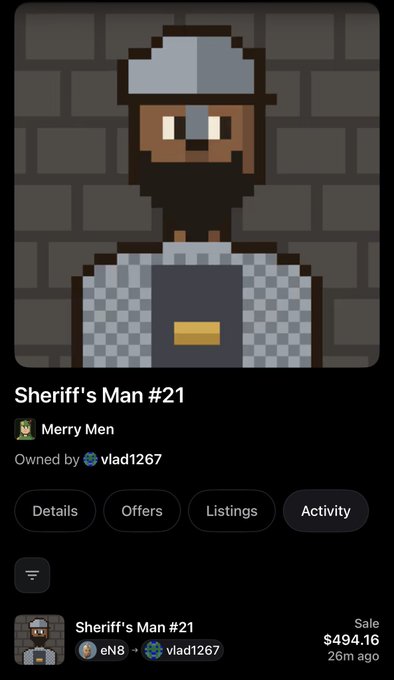The image shows a pixel-art NFT called "Sheriff's Man #21" from the Merry Men collection, owned by vlad1267. It displays a recent sale for $494.16 (0.08 ETH) from eN8 to vlad1267, 26 minutes ago, supporting the post about the recent sale.