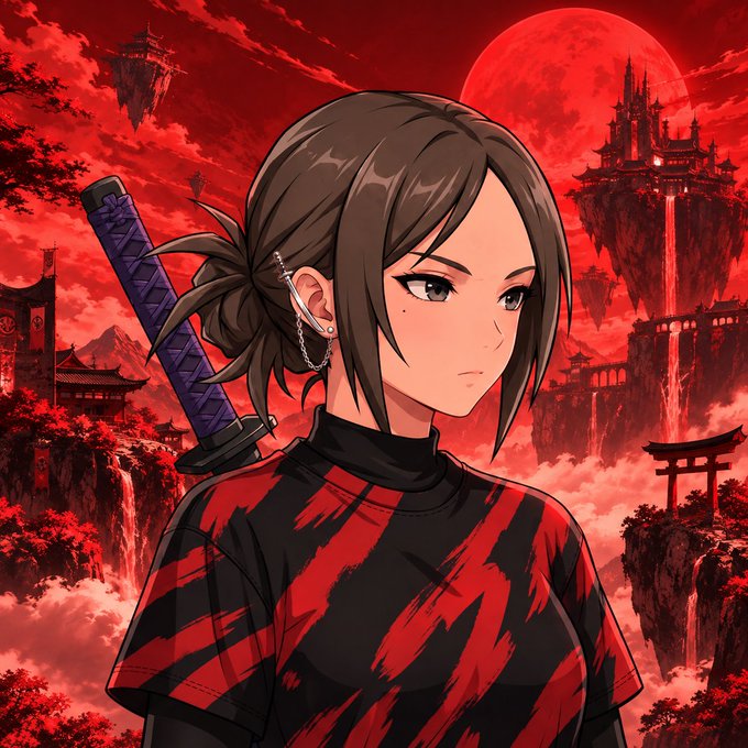 Anime-style artwork shows a serious young woman with a sword on her back, wearing a black-and-red outfit against a red sky with floating temples and a large moon.