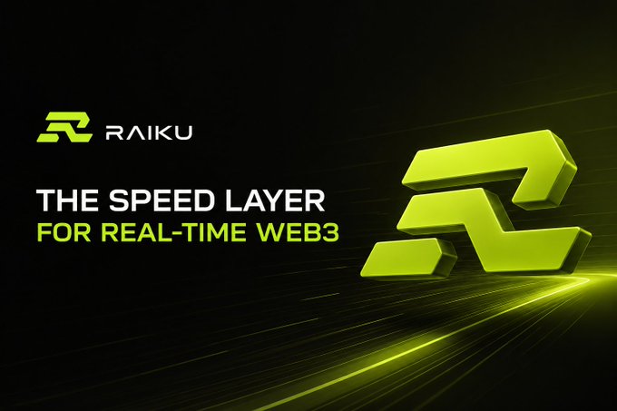 A promotional graphic for "RAIKU" displaying a green 3D logo alongside the text "THE SPEED LAYER FOR REAL-TIME WEB3" against a dark, dynamic background with green light streaks.