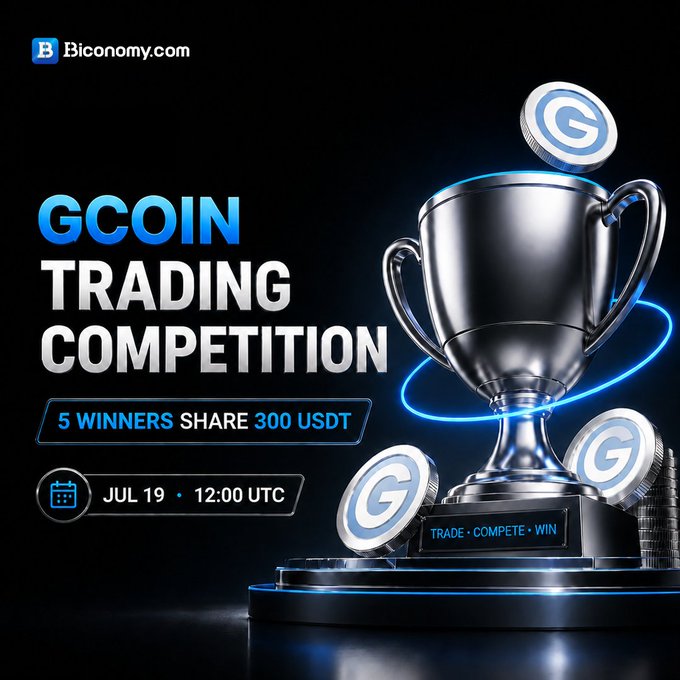 Promotional image for the GCOIN Trading Competition on Biconomy.com, featuring a silver trophy surrounded by G-branded coins, advertising that 5 winners will share 300 USDT starting July 19 at 12:00 UTC, with a "Trade · Compete · Win" tagline.