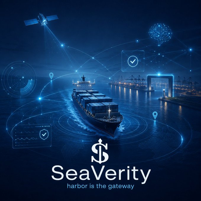 A futuristic digital art piece labeled 'SeaVerity - harbor is the gateway,' depicting a container ship with glowing blue network lines, a satellite, and smart port icons.