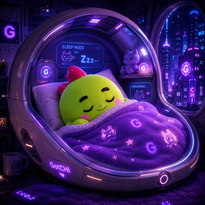 The image features a green alien-like creature (likely a stuffed animal) sleeping peacefully inside a futuristic, purple bed. The bed has neon lights surrounding it, creating an otherworldly atmosphere. The caption of the image includes a reference to Web3, which is likely a part of the discussion about staying healthy and enjoying life's pleasures.