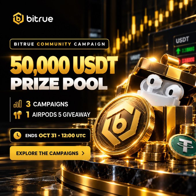 Bitrue promotional banner for a “BITRUE COMMUNITY CAMPAIGN” advertising a “50,000 USDT PRIZE POOL,” “3 CAMPAIGNS,” “1 AIRPODS 5 GIVEAWAY,” and an end date of “OCT 31 · 12:00 UTC,” alongside gold crypto-themed imagery.