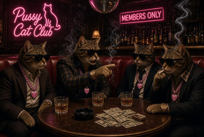 Four tabby cats in suits, sunglasses, and pink heart medallions sit around a table in a smoky lounge with neon signs reading "Pussy Cat Club" and "MEMBERS ONLY," playing cards with an ashtray and whiskey glasses.