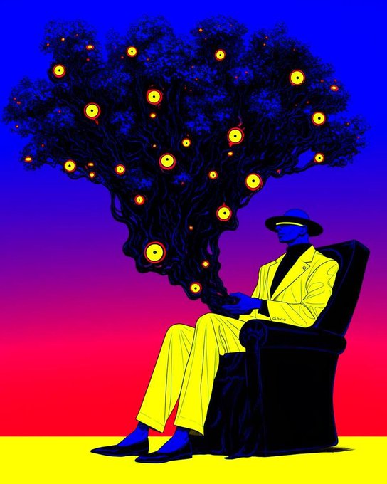 Stylized illustration of a figure in a yellow suit and blue hat sitting in a black chair, with a large dark tree filled with glowing yellow and red orbs forming the shape of their body against a blue, pink, and yellow gradient background.