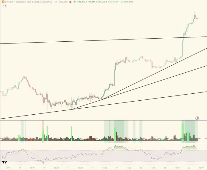 A TradingView chart of Bitcoin / TetherUS Perpetual Contract on Binance, showing an upward price trend with support lines and indicators.