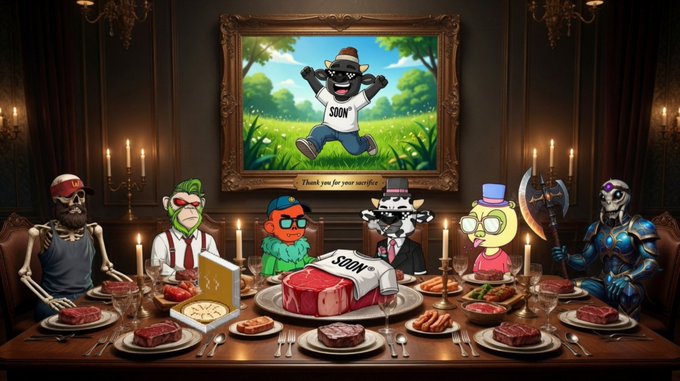 An AI-generated artistic illustration of various cartoon characters including skeletons, an axolotl, a SpongeBob-like character, and a skeleton warrior, gathered around a dinner table with steaks, with a painting of a hip-hop character in the background and a 'SDUN' branded centerpiece.