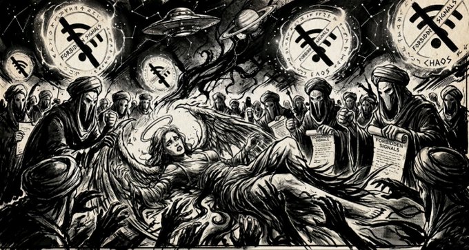 The image features a black and white illustration of an angel with wings, surrounded by a group of people who appear to be either holding papers or signing documents. The scene takes place in a room filled with clocks, suggesting that this gathering might be related to some sort of event or meeting. The post includes a quote from the artist's website, which reads "QT quote your Tezos art Good morning everyone Forbidden Signals: Day 88 OE 0.88 $XTZ objkt.com/tokens/KT1TrDm #MadeCommunity1 #MadeArtBridge #MWellB". The image also contains a reference to the artist's name, "made community", which could be a reference to their work or an event they are involved in.