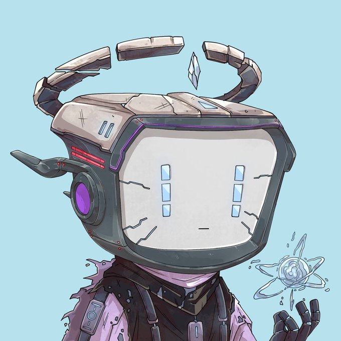 Digital artwork of a small robot character with a TV/monitor for a head displaying dot eyes, floating ring accessories above its head, and a glowing atom-like hologram in its hand.