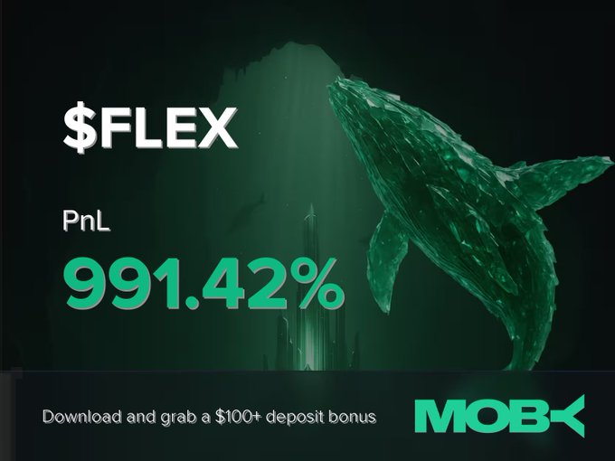 A Moby Mobile promotional image displays a striking green whale graphic with the text "$FLEX PnL 991.42%" alongside a "$100+ deposit bonus" download call-to-action, visually celebrating the trader's massive 991.42% profit on $FLEX highlighted in the post.