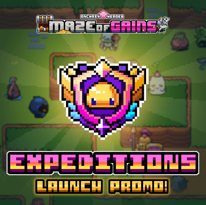 The image features a poster for a video game called "Maze of Gains" that has been released. The poster includes a cartoon character, a shield with a crown, and text promoting the game's new expansion, Expedition mode. The title of the expansion is displayed in large letters at the bottom of the poster, along with an image of the game's logo. The poster also mentions that there are Expedition passes available for purchase, which can be used to gain extra rewards within the game.