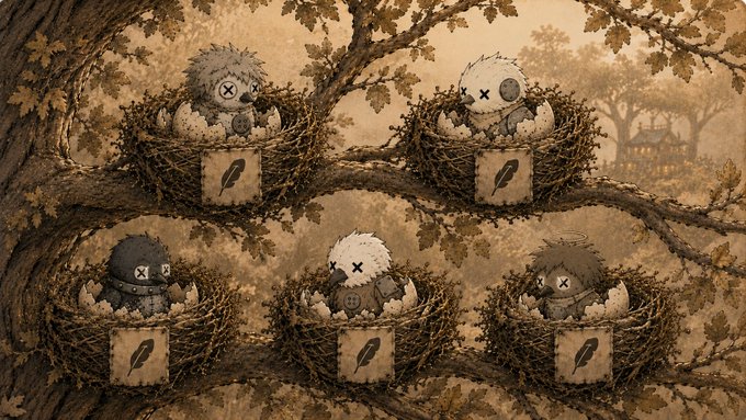 Five stylized chicks with stitched features sit in nests arranged on tree branches, each with a small tag hanging below.