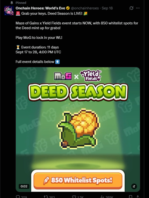 A pinned tweet from 'Onchain Heroes: World's Eve' announces 'DEED SEASON' with an event graphic featuring a pixelated corn cob and the text '850 Whitelist Spots!'.