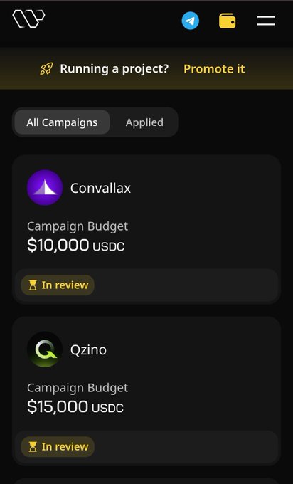 The image displays a dark-themed dashboard showing two active campaigns under review on Wallchain: "Convallax" with a campaign budget of $10,000 USDC and "Qzino" with a $15,000 USDC budget, both tagged as "In review." This visually reinforces the post's call for content creators to apply to these high-budget campaigns before the submission window closes.