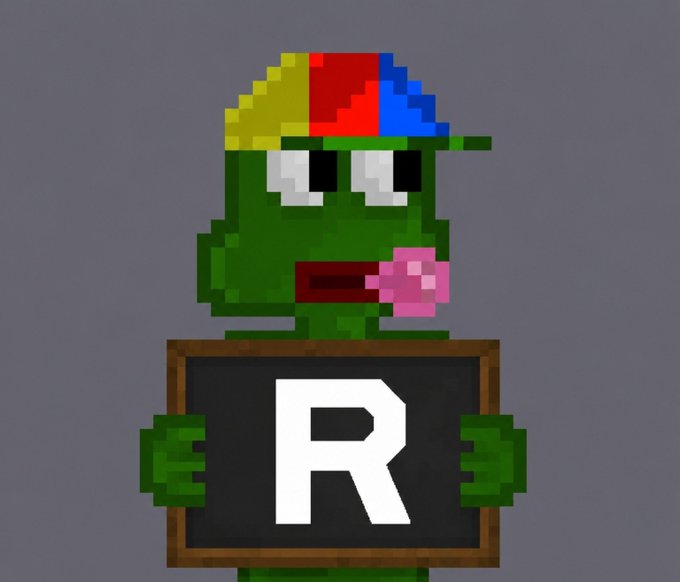 Pixel art illustration of a green frog wearing a multicolored cap while eating a pink popsicle, holding a black chalkboard sign displaying a white letter "R".