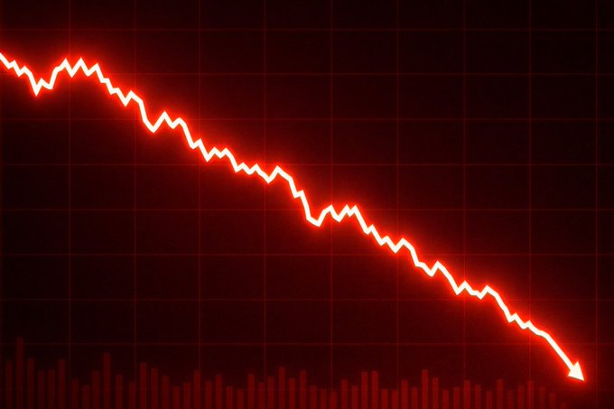 A glowing red line graph on a dark background sharply trends downward with an arrow, illustrating a significant decline over time.