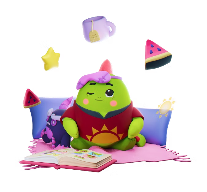 A cute green cartoon creature with a pink sleeping cap and a sun shirt sits on pink pillows reading an open book, surrounded by floating watermelon slices, a star, and a teacup.