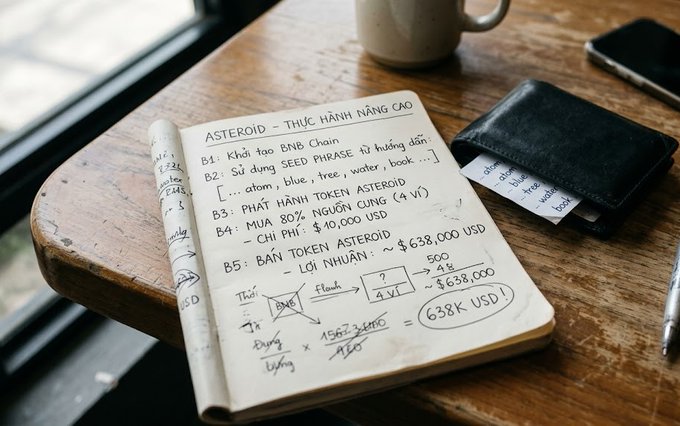 An open notebook on a wooden table displaying handwritten notes about 'ASTEROID' crypto practice, including calculations leading to '638K USD!', next to a black wallet and coffee mug.